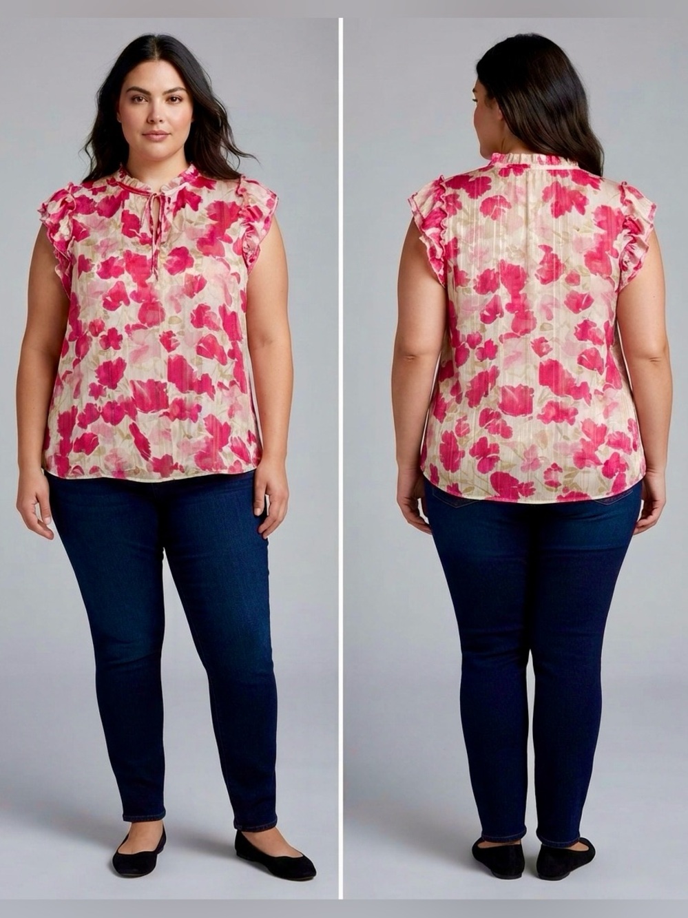 Haver & Blair London Floral Ruffle Tie-Neck Blouse - Pink & Cream - Size Small